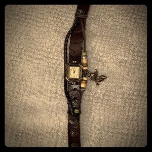 Brown Leather Wrap Bracelet Watch with Bead Accents